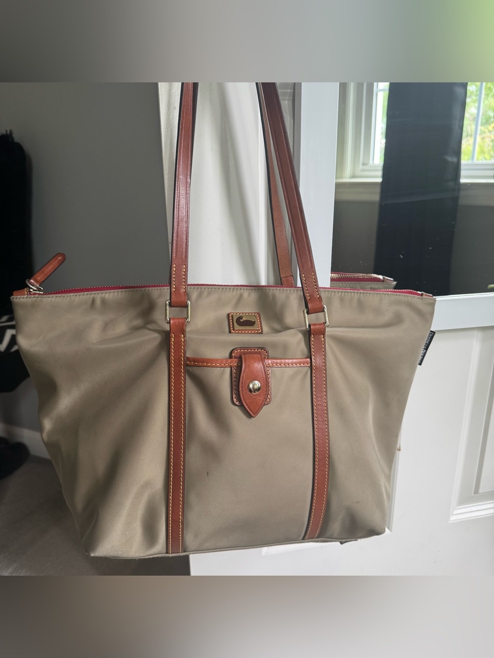 DOONEY & BOURKE Wayfarer Tote Bag Purse Taupe Olive Green Vachetta Leather Trim